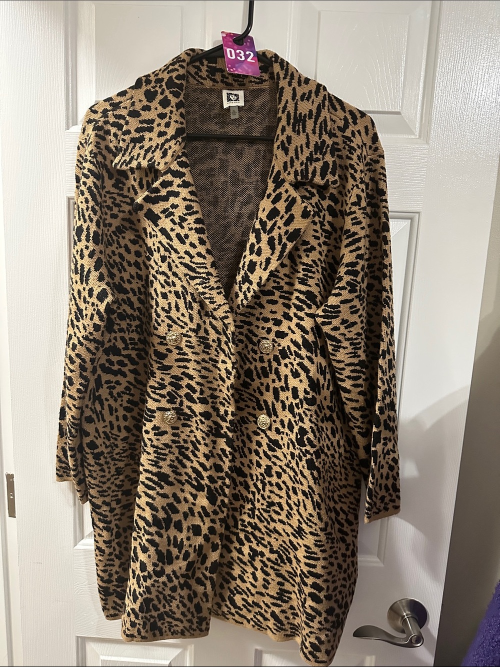 Ann Klein Double-Breasted Leopard Print Blazer Jacket - Tan & Black